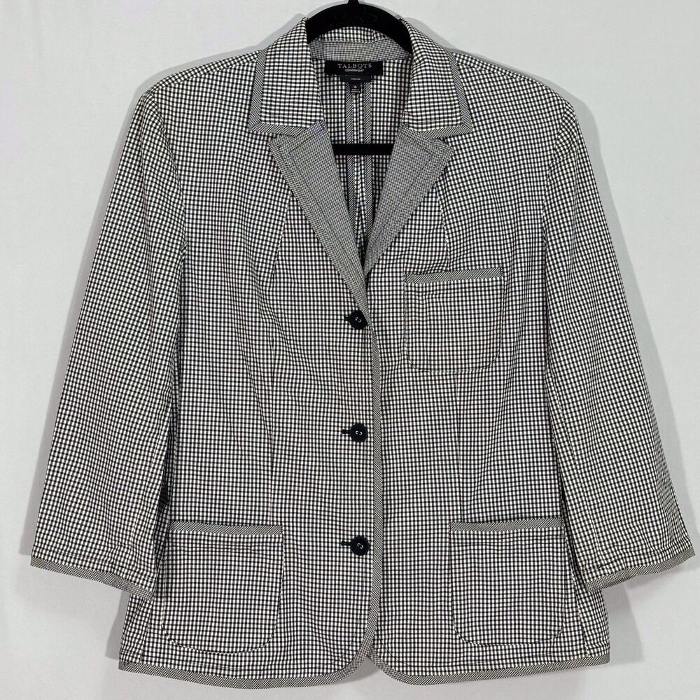 Talbots Blazer Jacket Women's 16 Black White Gingham Checked Cotton Stretch